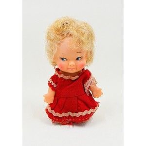 PeeWees Pocket Doll 1965 Uneeda UDCO Blue Eyes Blonde Hair Red Dress 3.5 Inches
